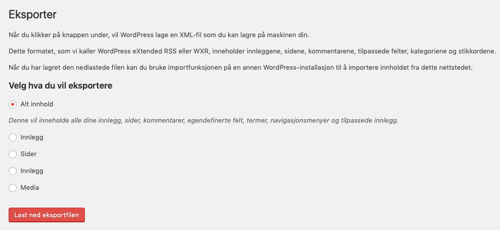 Eksporter data i WordPress. Skjermbilde.