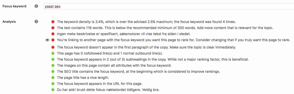 Yoast SEO - fokus keyword. Skjermbilde.