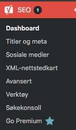 Yoast SEO menyvalg WordPress. Skjermbilde.