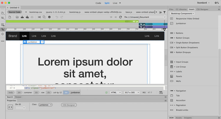 Bootstrap, Adobe Dreamweaver. Skjermbilde.