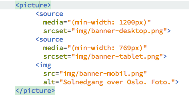 picture tagg i HTML5. Eksempelkode.