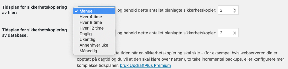 Tidsplan på backup i UpdraftPlus. Skjermbilde.