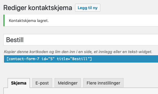 Contact Form 7 Kortkode. Skjermbilde.