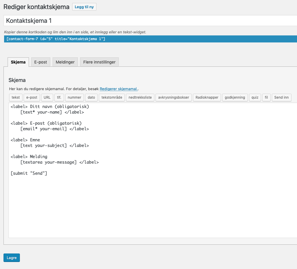 Contact Form 7 redigering av skjema. Skjermbilde.
