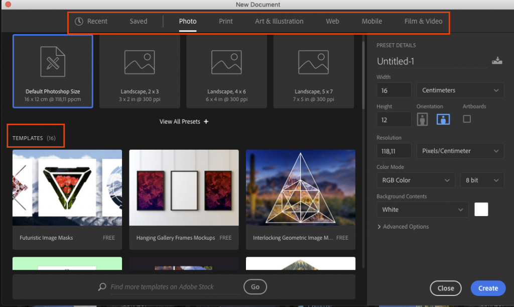 Adobe Photoshop New Document, Templates. Skjermbilde.  