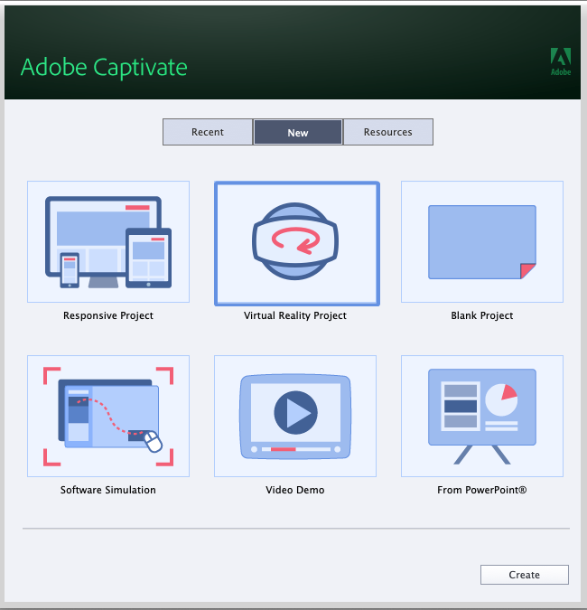 Create Virtual Reality project, Adobe Captivate. Skjermbilde.