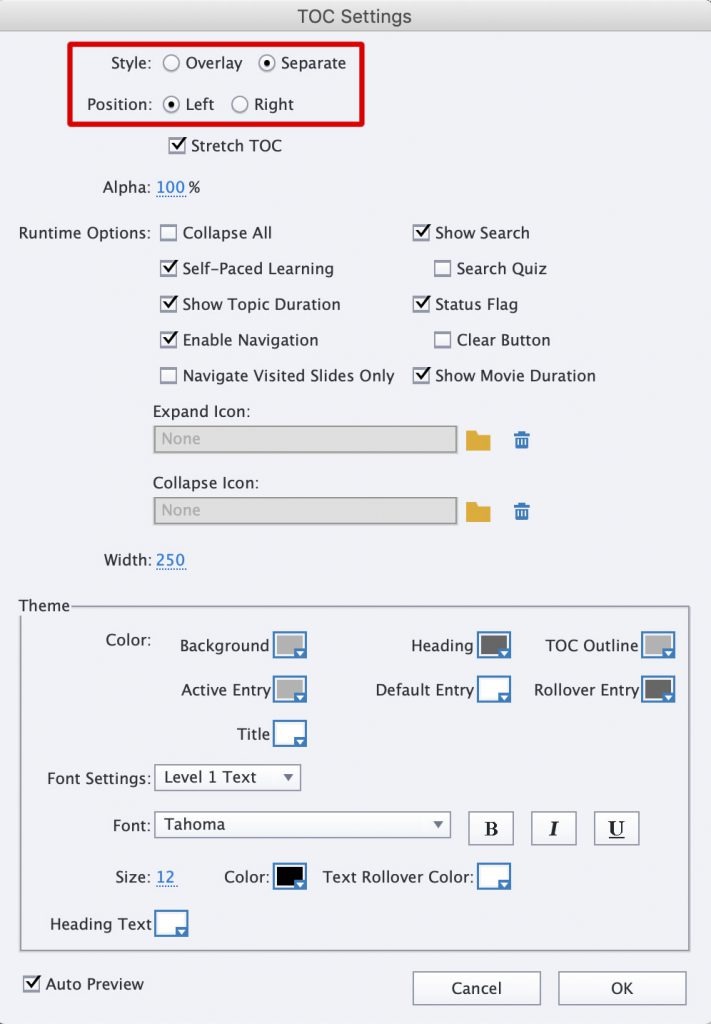 Table of Contents, Adobe Captivate. Skjermbilde.