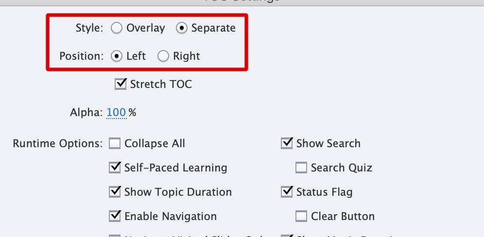 TOC settings Adobe Captivate. Skjermbilde.