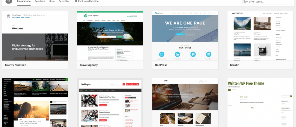 Valg av WordPress tema. Skjermbilde.