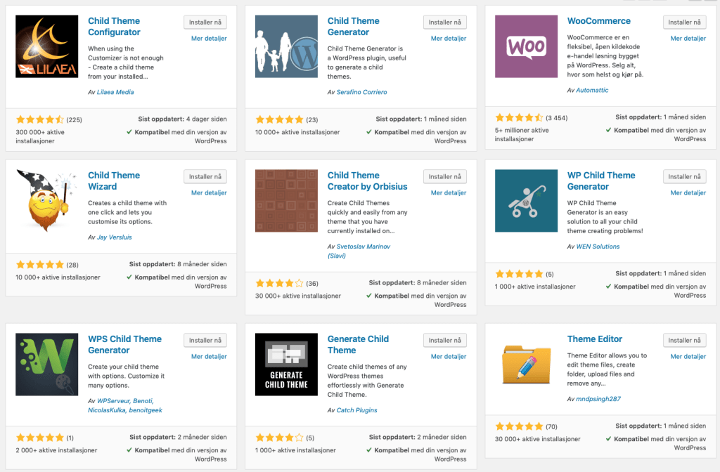 Child Theme plugins. Skjermbilde.