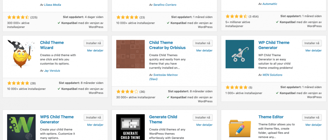 Child Theme plugins. Skjermbilde.