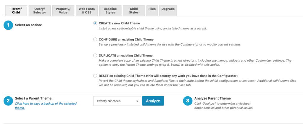 Child Theme Configurator plugin, lag dattertema. Skjermbilde.