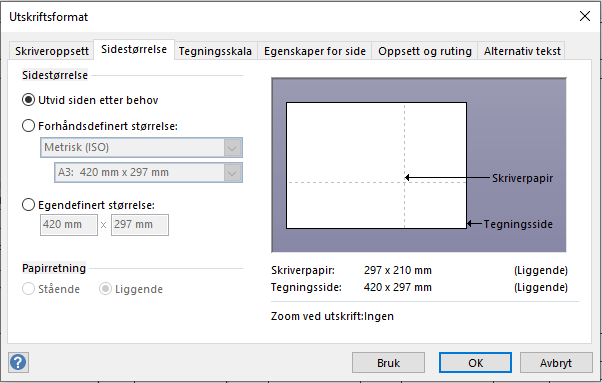 Microsoft Visio - utskrift A3. Skjermbilde.