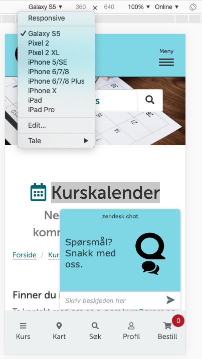 Skjermstørrelser, Device toolbar, Chrome. Skjermbilde.