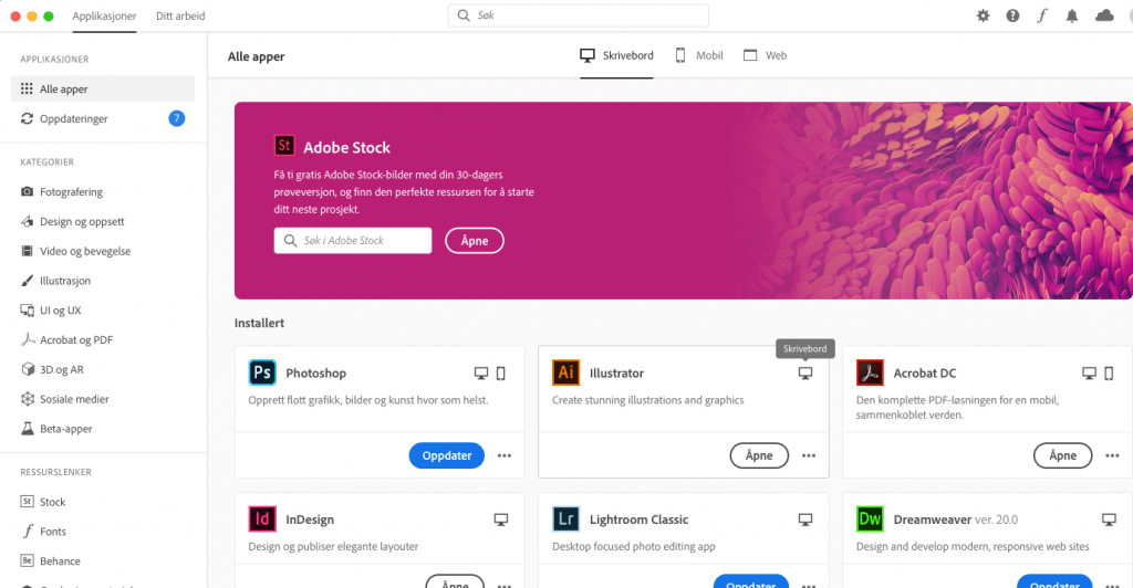 Adobe Creative Cloud, skrivebordsapplikasjon.