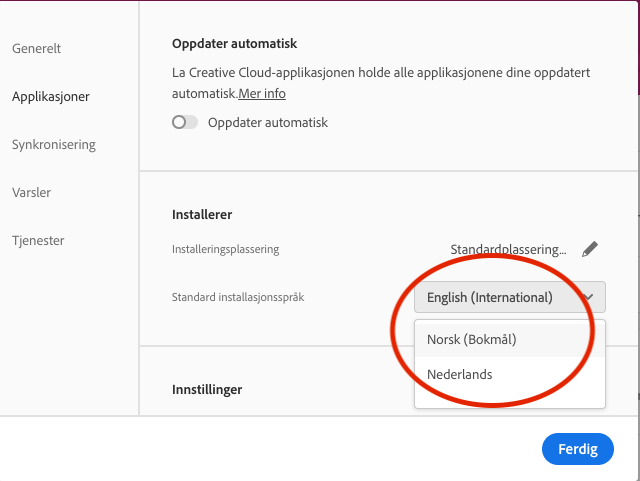 Standard installasjonsspråk, Adobe CC.