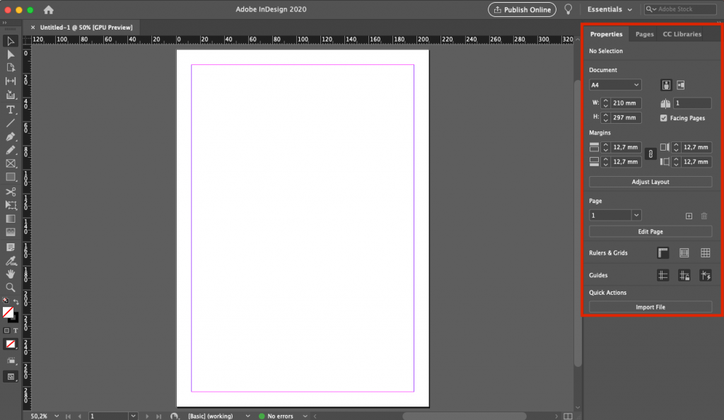 Properties-panel, InDesign. Skjermbilde.