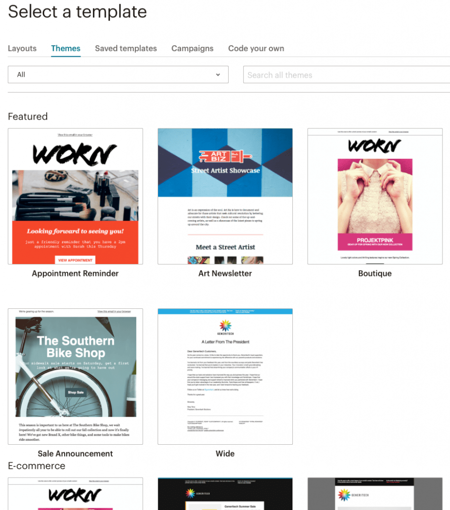 Maler - Themes i MailChimp. Skjermbilde.