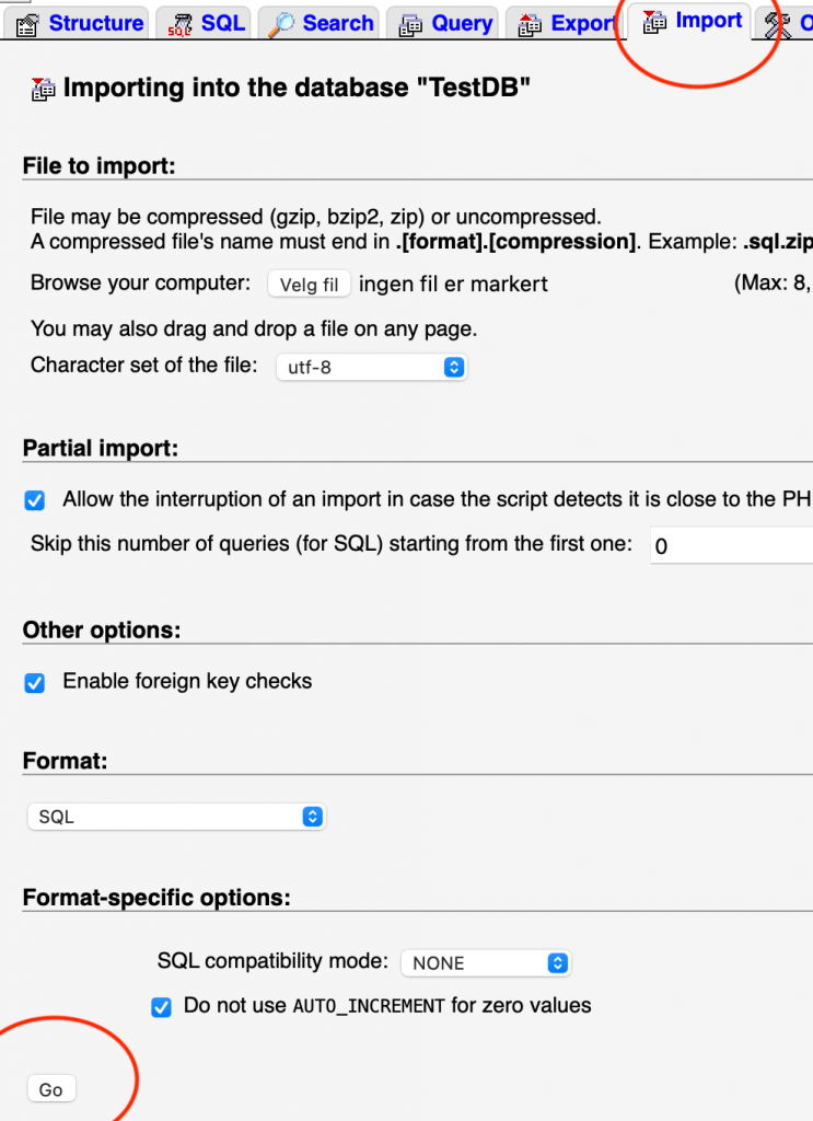 Importer database i phpMyAdmin. Skjermbilde.