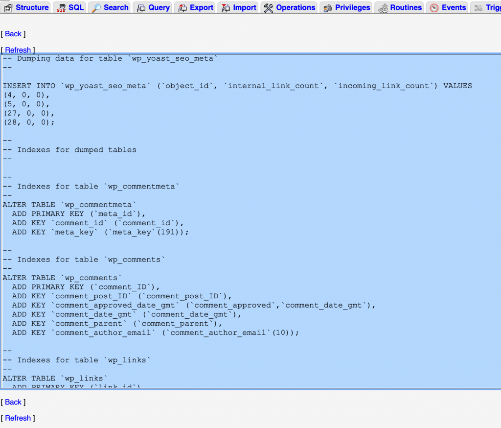 SQL-eksport i phpMyAdmin. Skjermbilde.