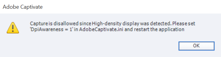 High-density display, feilmelding Adobe Captivate.