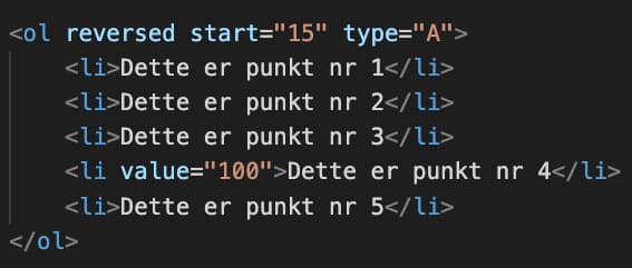 Ordered list og attributter i HTML
